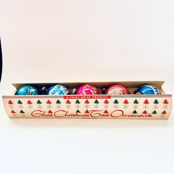 Vintage Shiny Brite 5 Pack Mercury Glass Christmas Tree Ornaments Original Box - Picture 1 of 6